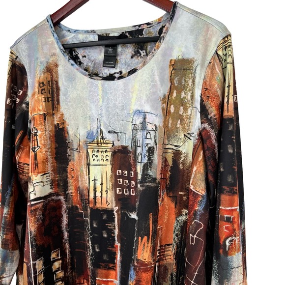 Ali Miles Sz Large City Skyline Wearable Art Abstract Blouse Shirt Top Brown - Picture 5 of 8